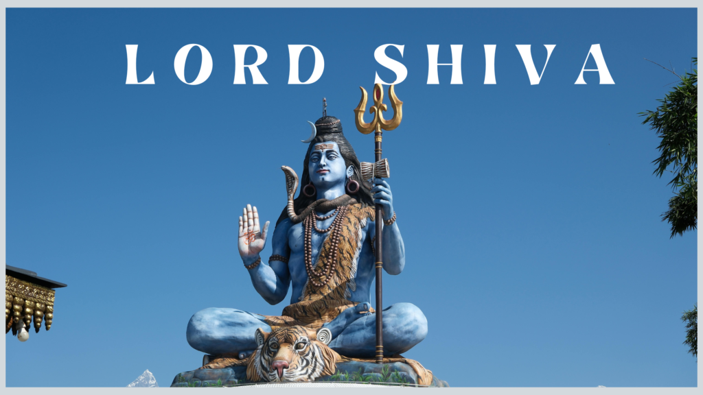 Lord Shiva in composed pose with ganga and crescent moon on his head, serpent around his neck, trishul with damaru in his hand